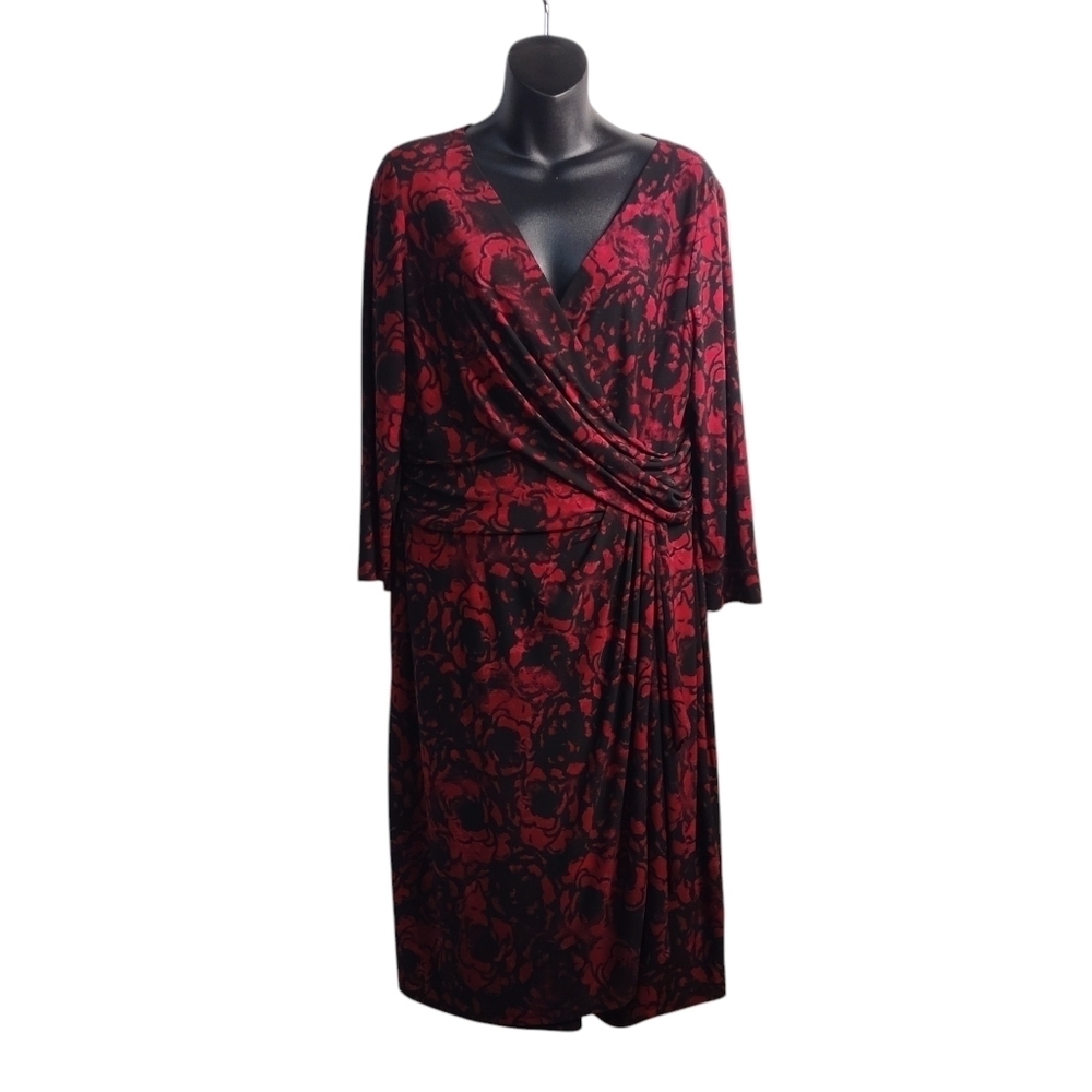 Chaps Women's Red Black Floral Print Empire Waist 3/4 Sleeve Dress Size …